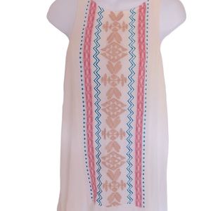 She + Sky Boho style dress, white with blue/tan/pink front embroidered t…